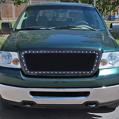Black ABS & Stainless Steel Wire Mesh Rivet Bumper Grille Insert Spec-D Tuning Compatible with Ford F150 2004-2008, Lincoln Mark LT 2006-2008