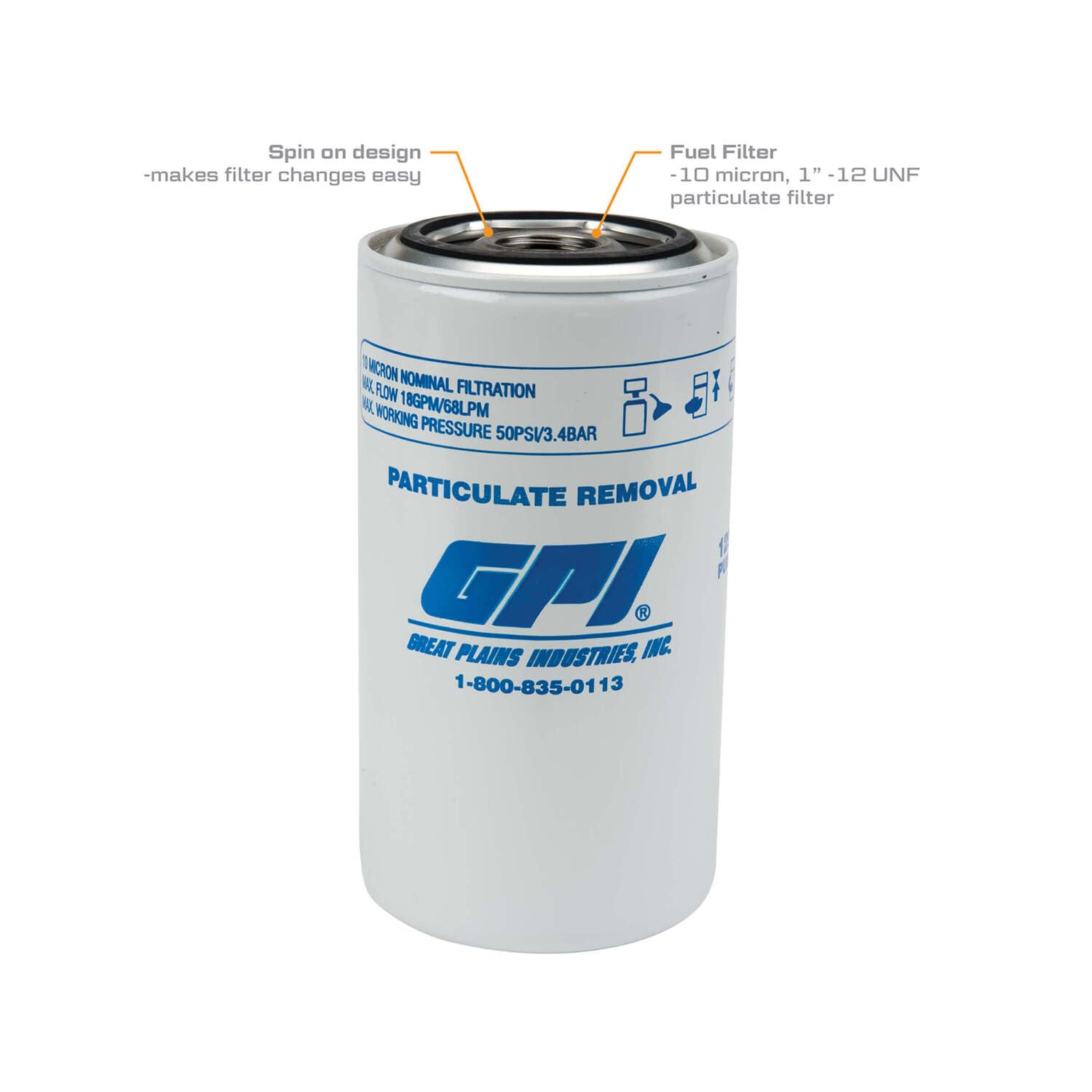 Particulate Filter GPI P-18-10-1, 18 GPM (67L/min), 10 Micron, 1-12 UNF (GPI Genuine Accessory 129300-01)