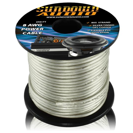 8 AWG Sundown Audio CBL-8S250 Power Cable – 250FT Spool, Silver Tinned OFC Copper, 805 Strands, Ultra-Flexible PVC – High Current Car Audio Amplifier & Subwoofer Wire (Silver)