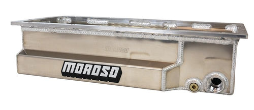 Moroso Aluminum Drag Race Oil Pan 20399, Fits Noonan 4.9" Bore Space Hemi, 16AN Ext Fitting, 6.5" Depth