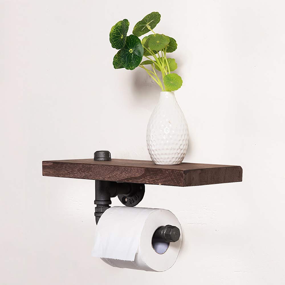 YIMJ Industrial Rustic Pipe Toilet Paper Holder By Pipe Decor At Wall Mounted Wooden Shelf, Metal Wall Storage Iron Pipe Fabric Roll Hanger (Single Faced)