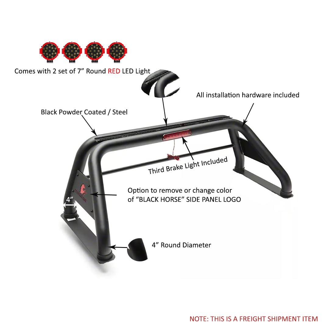 Classic Black Horse Roll Bar Incl. Pair of 7.0" Dia. LED Lights w/Red Trim Rings Compatible with 2005-2021 Nissan Frontier-RB-NIFRB-PLR
