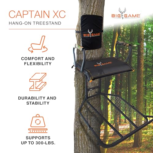 Captain XC Big Game Hang-On Treestand, Lightweight Steel Construction w/Flip-Back Flex-Tek Seat, 300 lbs Weight Rating, 24"x30" Foot Platform