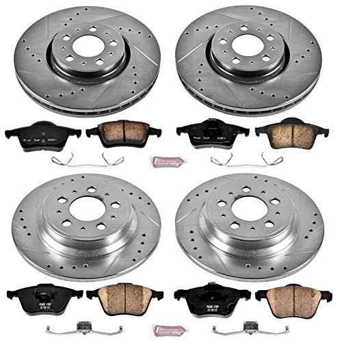 Power Stop K4432 Z23 Carbon Fiber Brake Pads with Front and Rear Drilled & Slotted Brake Rotors Kit