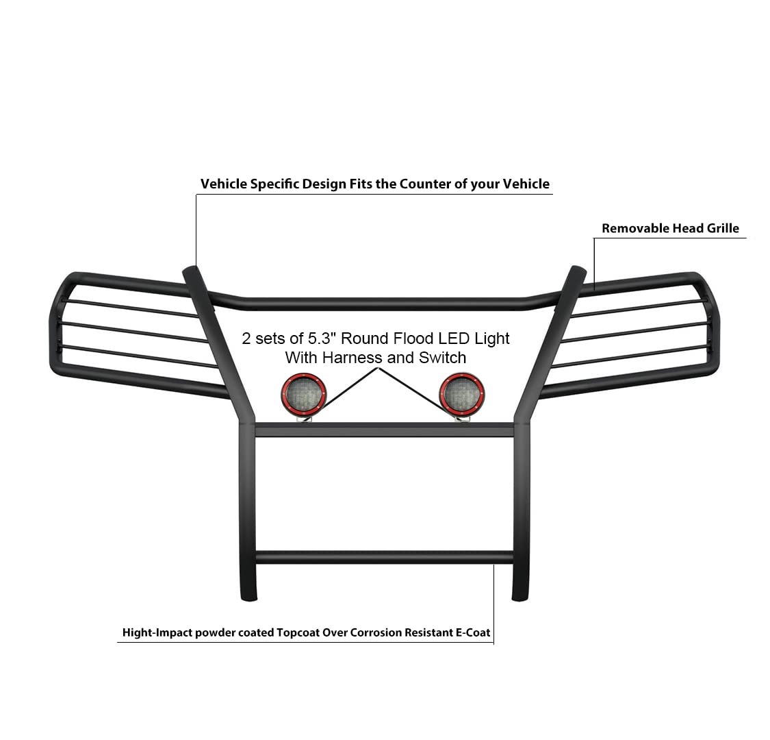 Bumper Guard Black Horse Grille brush Modular Come With Pair of 5.3" Dia.LED Lights with Red Trim Rings Compatible with 2016-2019 Honda Ridgeline-17H01MA-PLFR