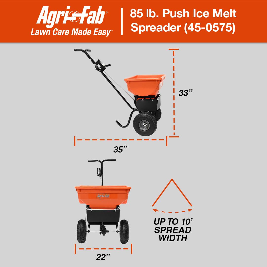 Agri-Fab 45-0575, Push Ice Melt Broadcast Spreader 85lb Capacity, Approximately Coverage of ¼ Acre (14,000 sq. ft.), 10-Ft Spread Width, Direct Rod Control, Includes Grate and Built in Deflector
