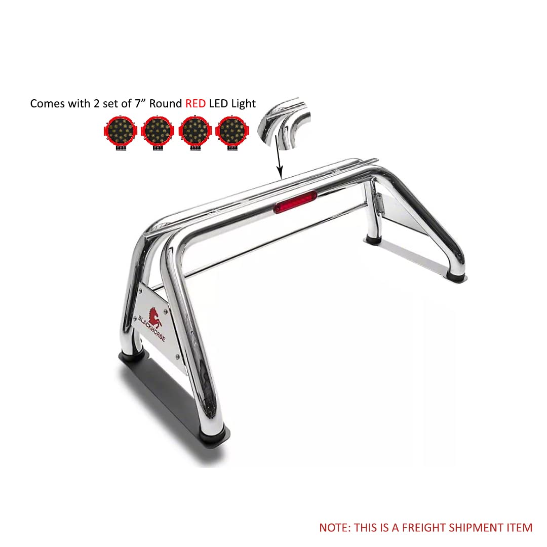 Classic Black Horse Roll Bar Incl. Pair of 7.0" Dia. LED Lights w/Red Trim Rings Stainless Steel Compatible with 19-24 Ram 1500 Excludes Classic models-RB002SS-PLR