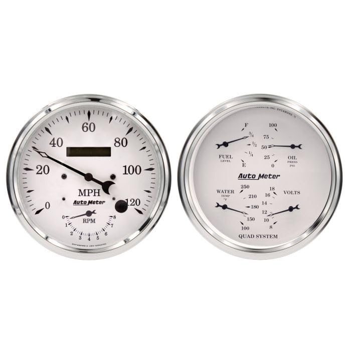 Auto Meter Gauge Kit 1652, 2 Pc., Tach/Speedo & Quad, 5", Old TYME White