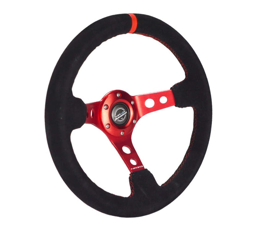 NRG Innovations Reinforced NRG-RST-006S-RD Steering Wheel - 350mm Sport Steering Wheel (3" Deep) - Red Spoke with Round Holes, Black Leather, Red Stitching/Center Mark