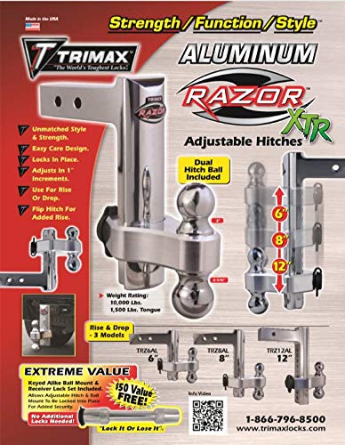 8" Trimax TRZ8AL Premium Aluminum Adjustable Hitch with Dual Hitch Ball and T5 Receiver Lock, Polished Aluminum