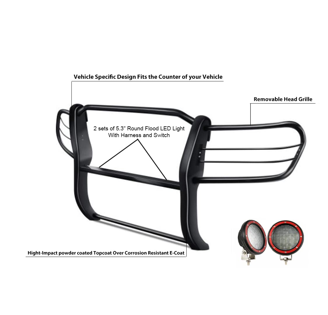 Bumper Guard Black Horse Grille Brush Modular Black Come with Pair of 5.3" Dia.LED Lights with Red Trim Rings Compatible with 1998-2007 Toyota Land Cruiser-17SG598MA-PLFR