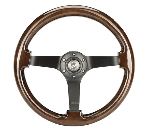 NRG Innovations Reinforced NRG-RST-036BK-BKW Classic Dark Wood Grain Steering Wheel (3" Deep), 350mm, 3 Solid Spoke Center in Black