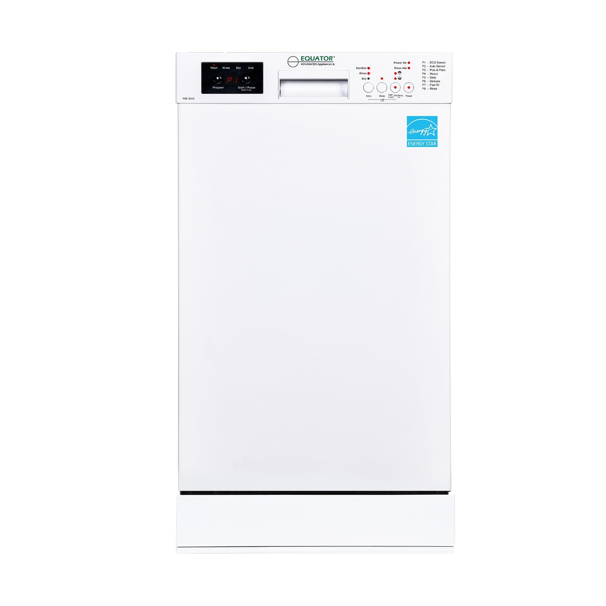Equator 18" Built in Dishwasher 10 Place Wine Rack 8 Wash Sensor Delay 1/2 Load 110V E-Star ADA in White