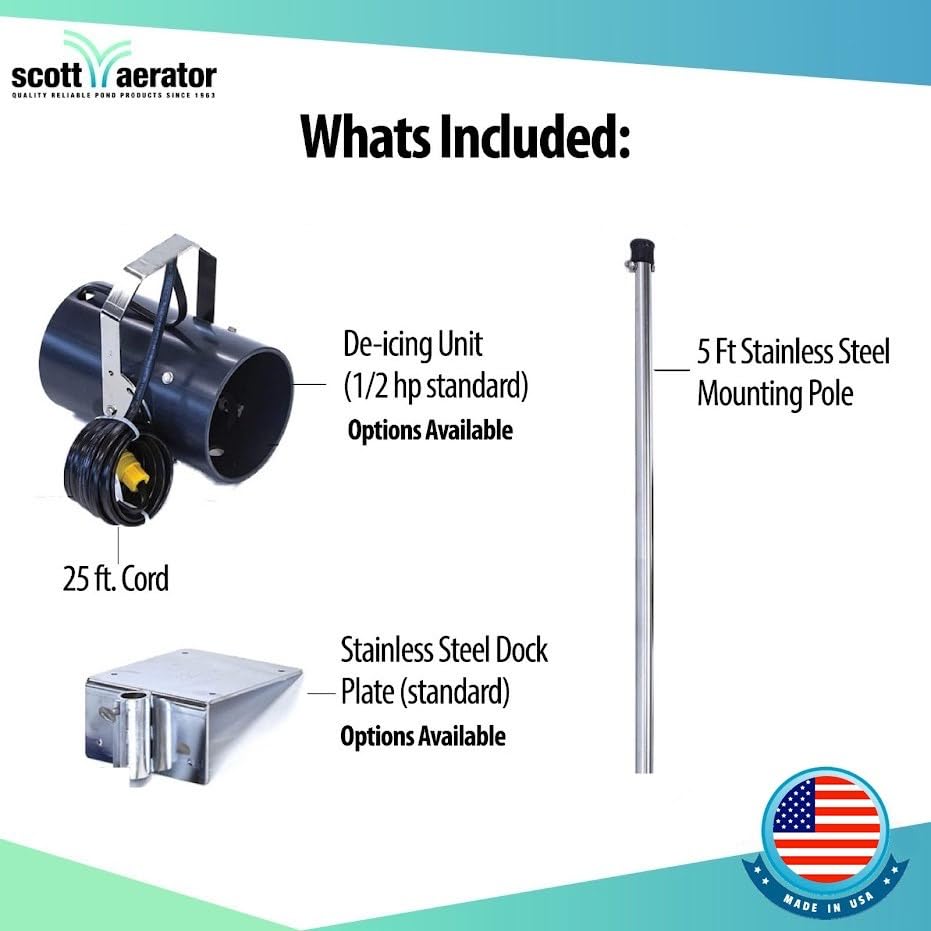 Aerator Scott DeIcer for Lakes & Ponds | 1/2 Horse Power 115V Stainless Steel | 25 ft. Electric Corded Cable Included with Dock Mount Assembly | Made in USA