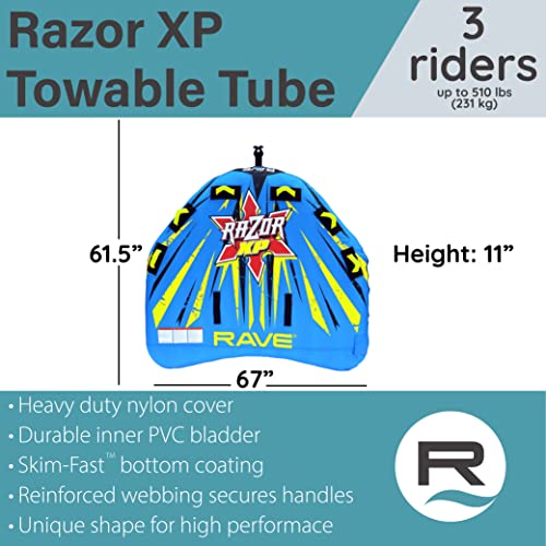 RAVE Sports Inflatable Razor XP Towable Tube, 1-3 Riders, Unique Skim-Fast Bottom Coating, Nylon Cover, Foam-Filled Reinforced Handles, Quick Connect Tow Point, Boat Tubes-Towables, Fast Ride