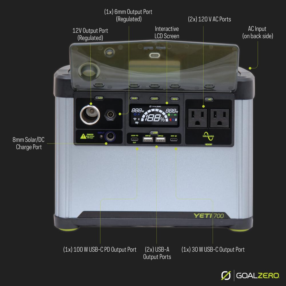 Goal Zero Yeti 700 Portable Power Station, 677 Watt Hour LiFePO4 Battery, Water Resistant & Dustproof Solar Generator for Outdoors, Camping, Tailgating, & Home, Clean Renewable Off-Grid Power