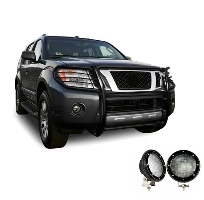 Bumper Guard Black Horse Grille Brush Modular Black Come with Pair of 5.3" Dia.LED Lights with Black Trim Rings Compatible with 2005-2021 Nissan Frontier|2005-2007 Nissan Pathfinder-17A110200MA-PLFB