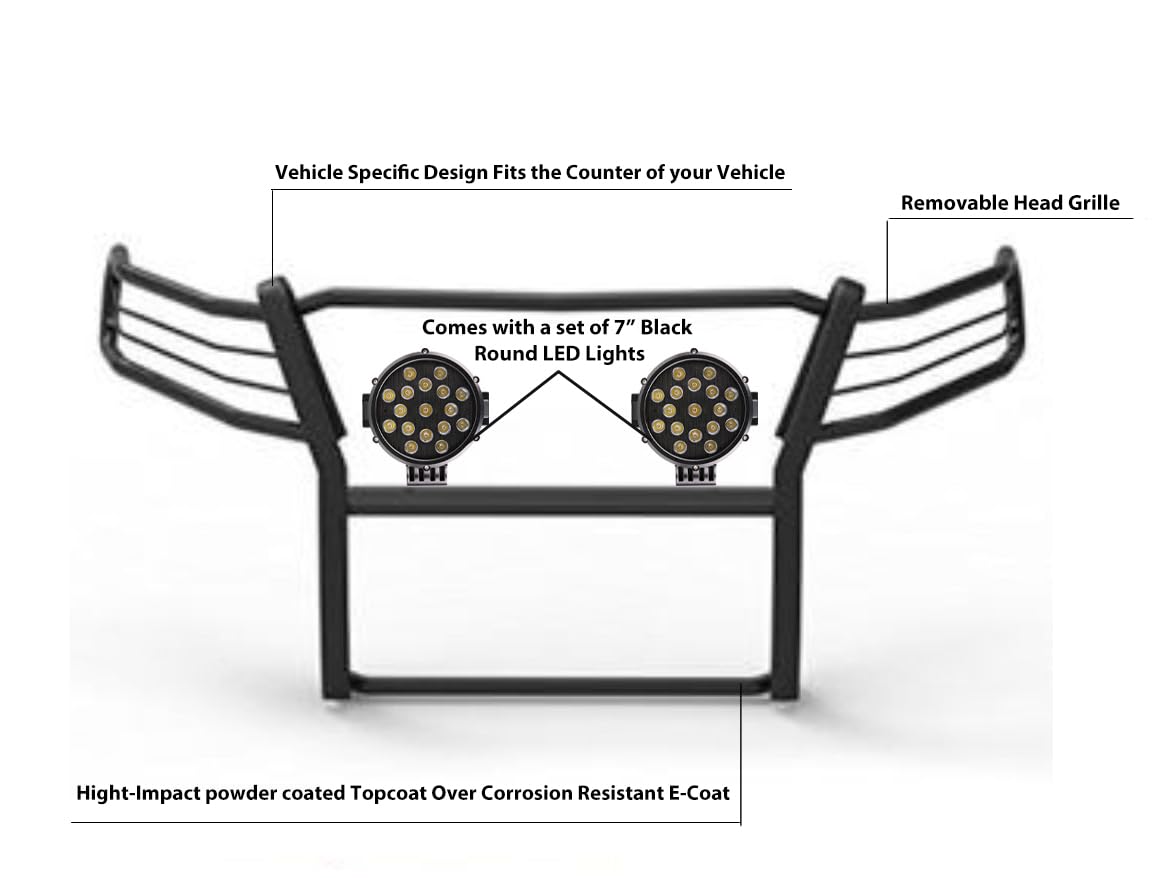 Bumper Guard Black Horse Grille brush Modular Come With pair of 7.0"Dia.LED Lights with Trim Rings Compatible with 2007-2013 Chevrolet Silverado 1500-17A035700A2MA-PLB