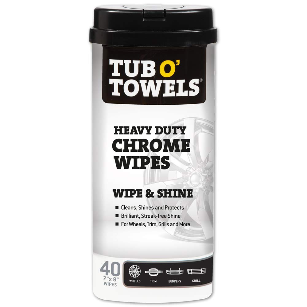 Heavy Duty Tub O’ Towels Chrome Wipes - Clean, Shine & Protect Chrome, Aluminum, Copper, and Brass Surfaces - Oil-Based Polishing Wipes - Resists Streaks & Fingerprints - 40 Count for Auto Detailing