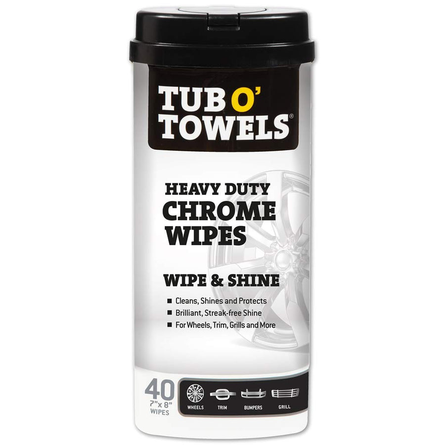 Heavy Duty Tub O’ Towels Chrome Wipes - Clean, Shine & Protect Chrome, Aluminum, Copper, and Brass Surfaces - Oil-Based Polishing Wipes - Resists Streaks & Fingerprints - 40 Count for Auto Detailing