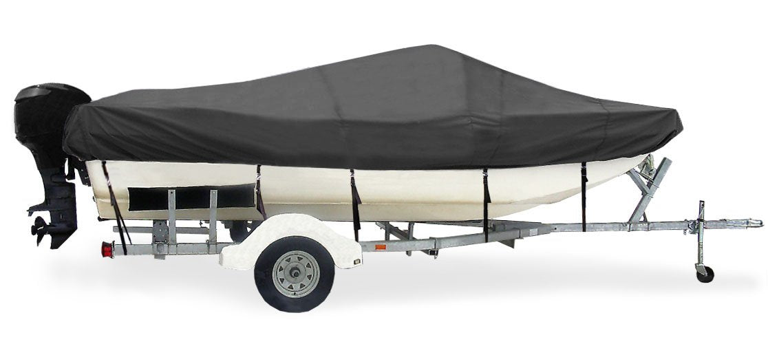 Trailerite Taylor Made Products Semi-Custom Boat Cover for Tri-Hull Boats with Outboard Motors (17'5" to 18'4" Center Line Length / 96" Beam, Black Coated Poly)