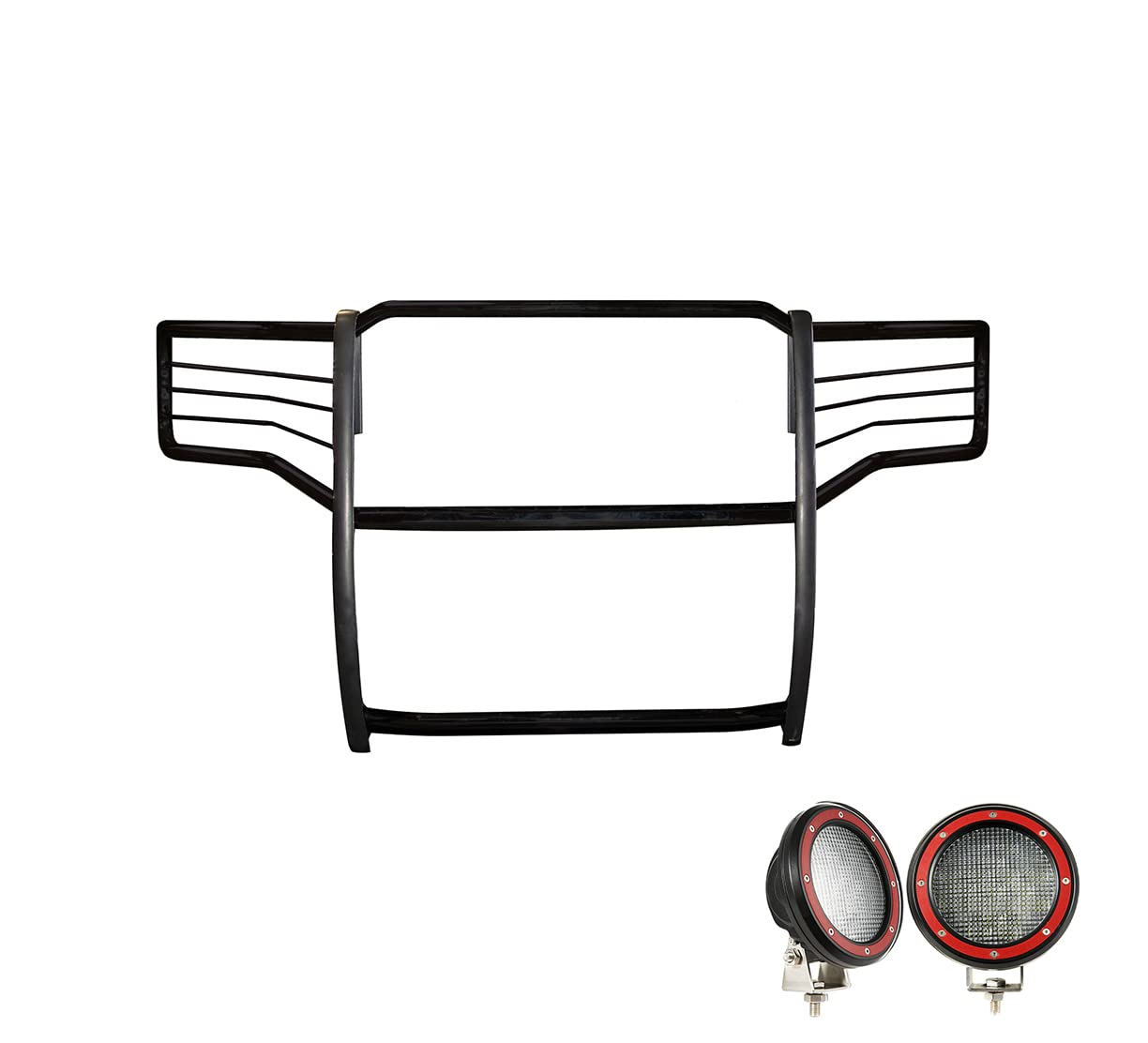 Bumper Guard Black Horse Grille Brush Modular Black Come with Pair of 5.3" Dia.LED Lights with Red Trim Rings Compatible with 2015-2019 GMC Sierra 2500 HD|2015-2019 GMC Sierra 3500 HD-17GS14MA-PLFR