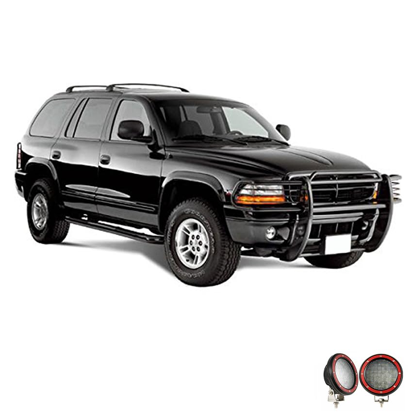 Bumper Guard Black Horse Grille Brush Modular Black Come with Pair of 5.3" Dia.LED Lights with Red Trim Rings Compatible with 1997-2004 Dodge Dakota|2000-2003 Dodge Durango-17BH23MA-PLFR