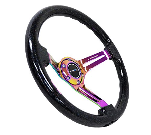 NRG Innovations Reinforced NRG-RST-018BSB-MC Classic Wood Grain Steering Wheel, 350mm, 75mm Deep, 3 Spoke Slotted Center Neochrome With Black Multi Color Flake Wood Double Riveted Spokes