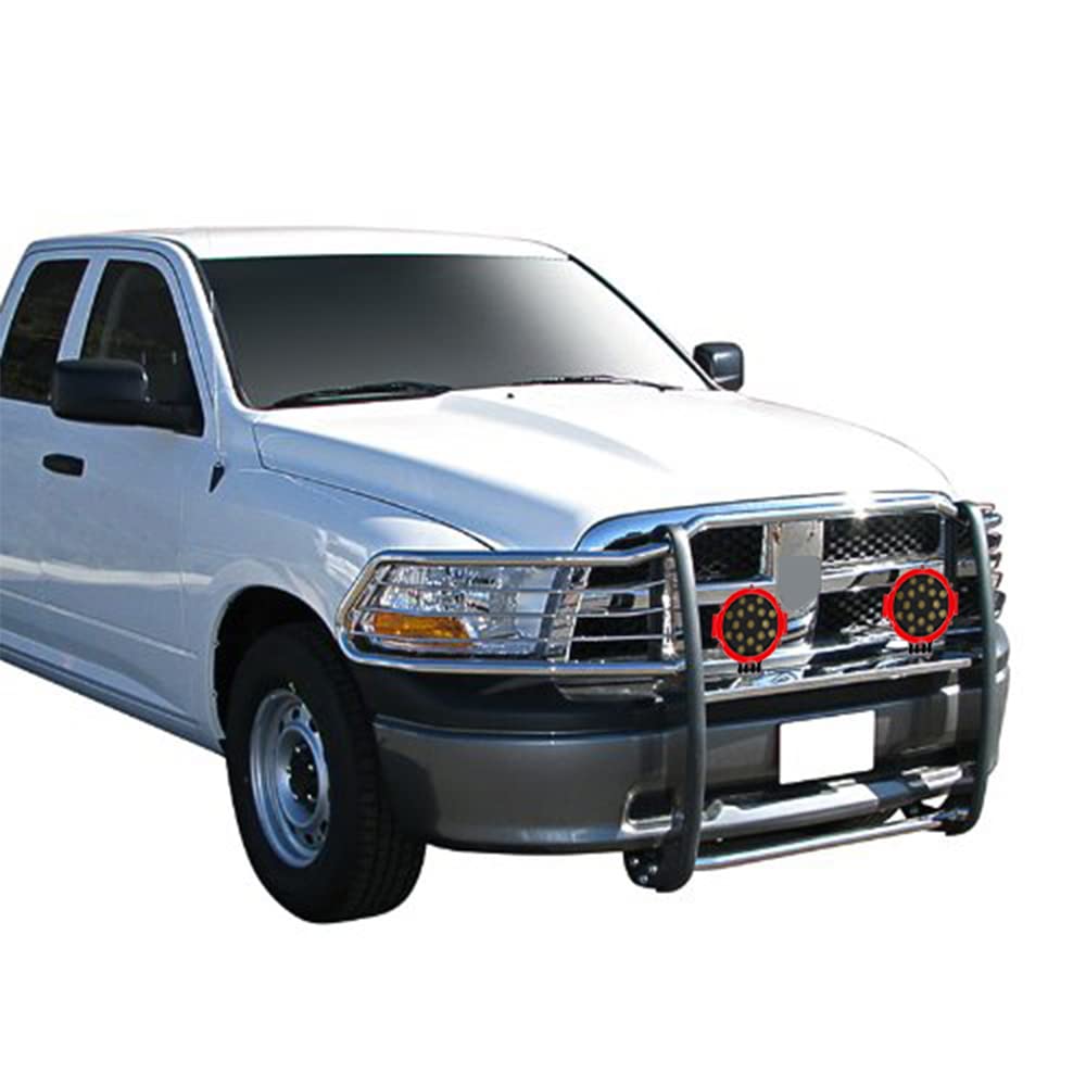 Bumper Guard Modular Black Horse Grille brush Stainless Steel Come With pair of 7.0"LED Lights with Red Trim Rings Compatible with 2009-2018 Dodge Ram 1500|2019-2023 Ram 1500 Classic-17DG109MSS-PLR