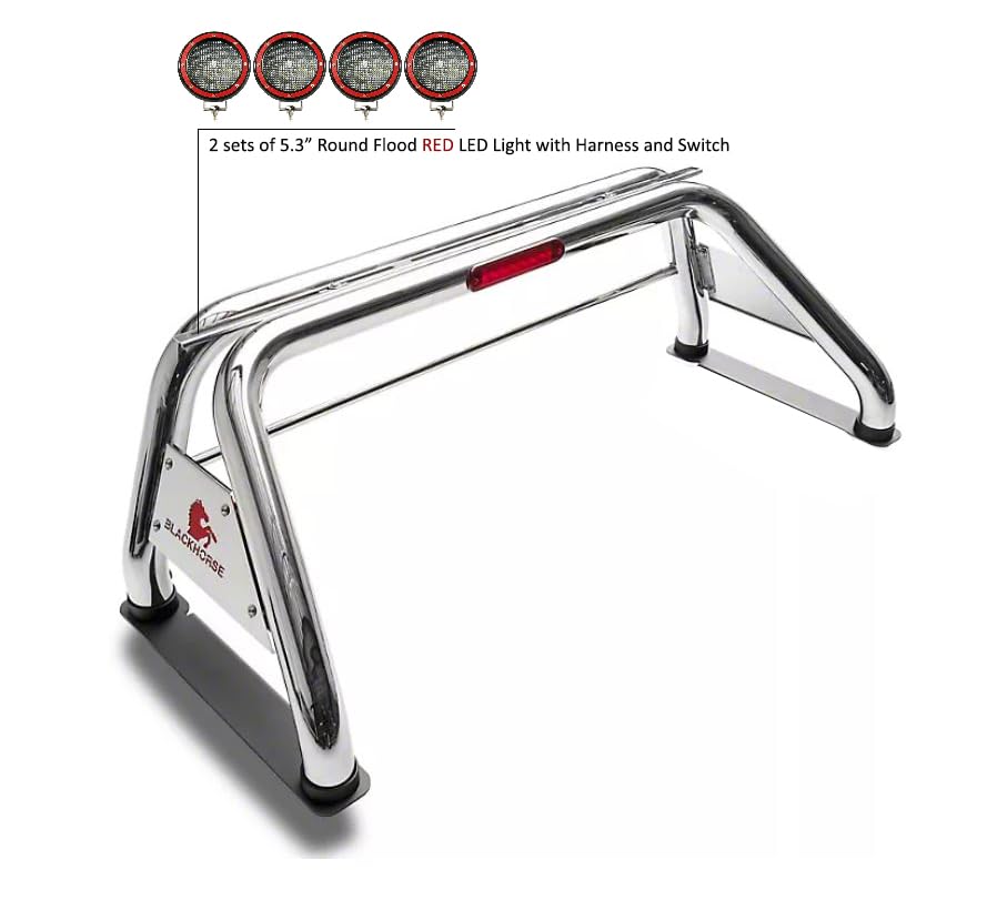 Classic Black Horse Roll Bar Incl. Set of 5.3" Dia.led Lights w/Red Trim Rings Stainless Steel Compatible with 2017-2022 Titan|2000-2010 Dodge Ram 3500|2011-2022 Ram 3500/Ram 2500|2007-2024 Tundra