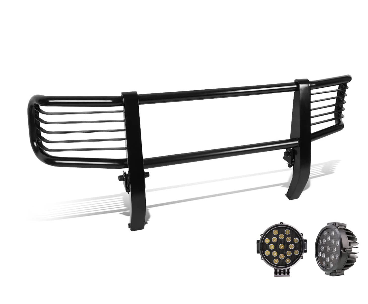 Black Horse Grille Brush Bumper Guard Black Modular Come with Pair of 7.0" LED Lights with Black Trim Rings Compatible with 2003-2010 Mercedes-Benz G55 AMG|1999-2010 Mercedes-Benz G500-PGBZA008A-PLB