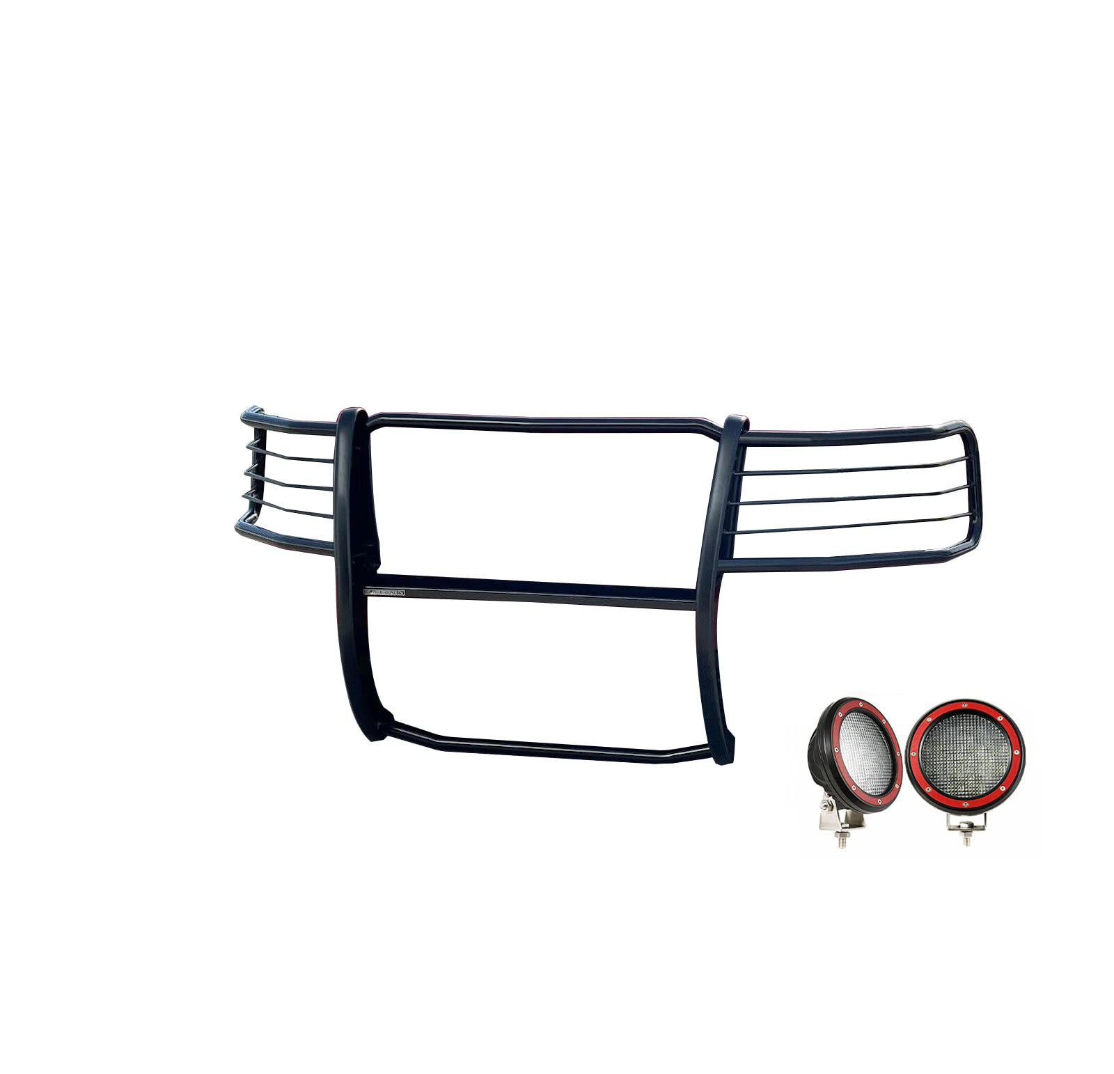 Grille Brush Black Horse Bumper Guard Modular Black Come with Pair of 5.3" Dia.LED Lights with Red Trim Rings Compatible with 2004-2008 Ford F-150-17FP28MA-PLFR