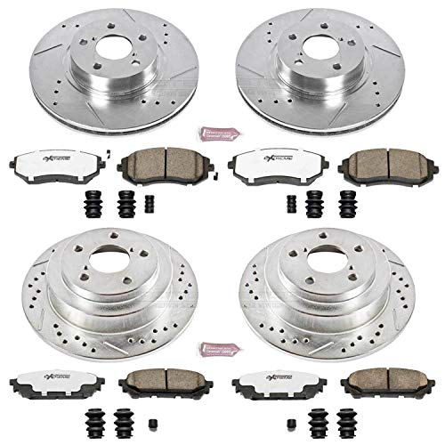 Power Stop Z26 Carbon Fiber Brake Pads Front and Rear with Drilled & Slotted Brake Rotors Kit For Saab 9-2X 2005-2006, Subaru Impreza 2003-2007 [Model Specific]