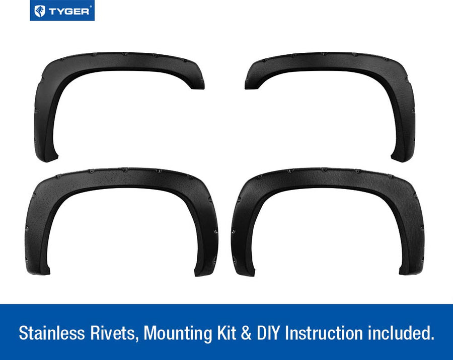 Tyger Auto Fender Flares 1999-2006 Compatible with Chevy Silverado GMC Sierra 1500 2500 3500HD (Incl. 2007 Classic) Fleetside, Rough Textured Bolt-Riveted Style 4pc | TG-FF8C4057