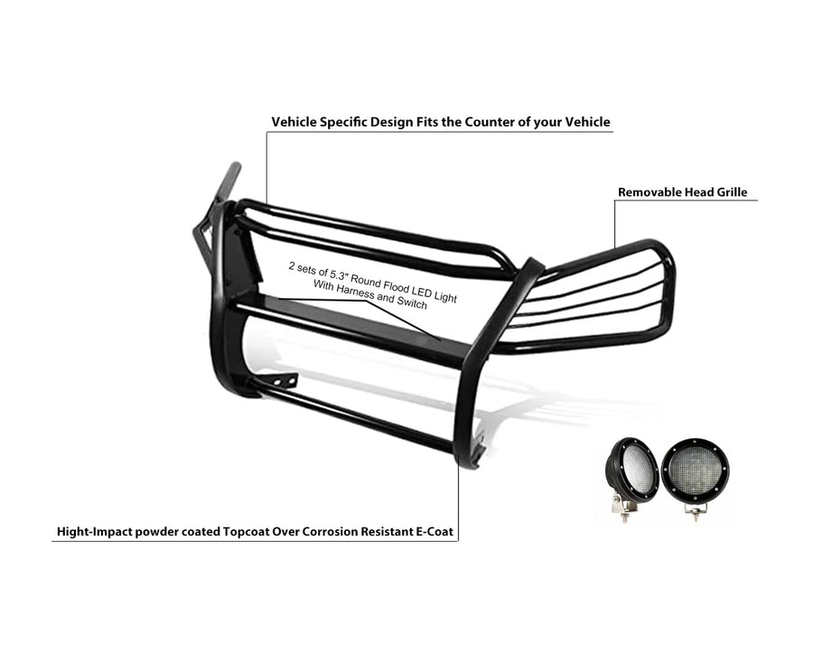 Bumper Guard Modular Black Horse Grille brush Come with Pair of 5.3" Dia.LED Lights with Black Trim Rings Compatible with 1997-2001 Honda CR-V-PG24001MA-PLFB