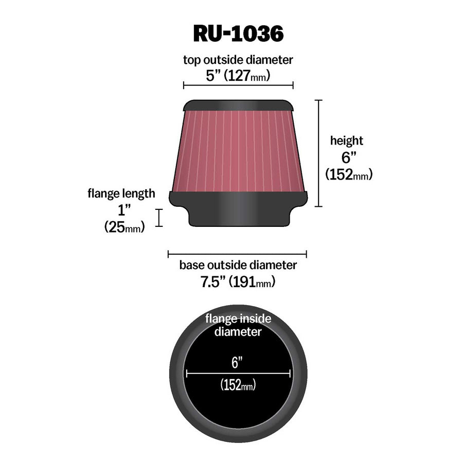 High-Flow K&N Original Lifetime Universal Clamp-On Air Filter: High Performance, Premium, Washable: Flange Diameter: 6 In, Filter Height: 6 In, Flange Length: 1 In, Shape: Round Tapered, RU-1036
