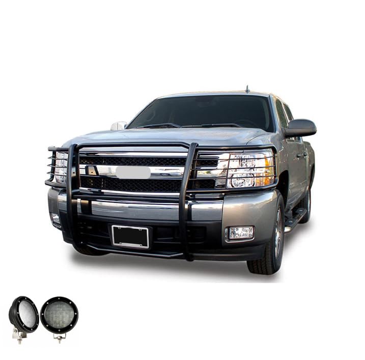 Bumper Guard Black Horse Grille Brush Modular Black Come with Pair of 5.3" Dia.LED Lights with Black Trim Rings Compatible with 2014-2018 Chevrolet Silverado 1500-17GT27MA-PLFB
