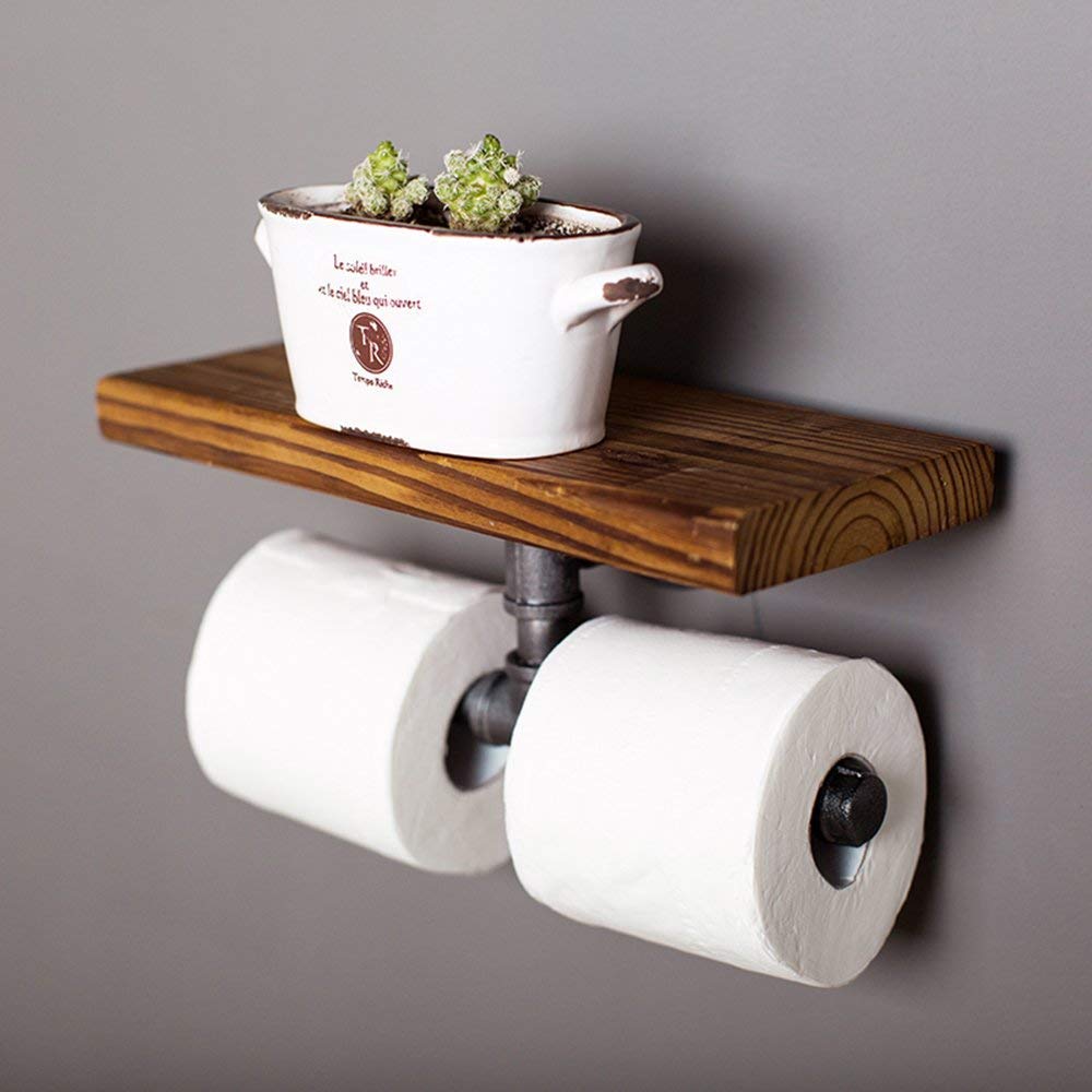 Towel Bar YIMJ Pipe Design Rustic Style Wood Metal Wall Bathroom Shelf Organization Storage Wall Hanging Racks Paper Towel Holder For Toilet