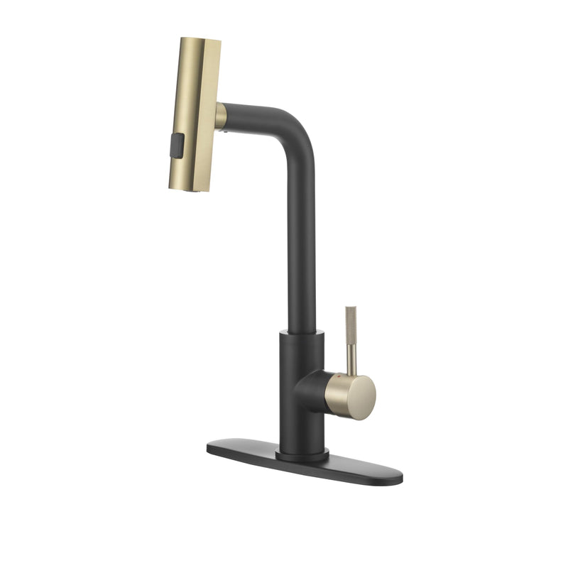Dura Faucet Rainfall (DF-MK511X-MBMG) RV Kitchen Faucet – Matte Black/Matte Gold, Dual-Mode Rotating Spray Head (Wide Waterfall & Stream), Single Lever Handle, Lead-Free, Easy Install Sink Faucet