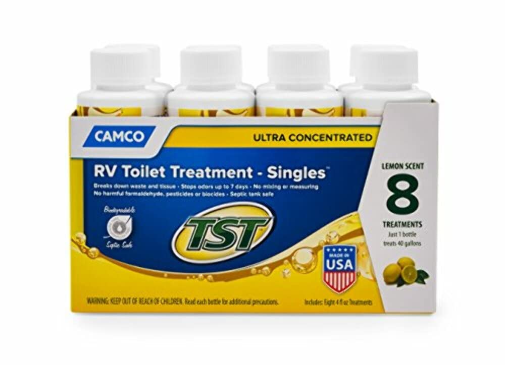 Camco TST MAX Toilet Treatment RV - Formaldehyde Free - Breaks Down Waste And Tissue - Septic Tank Safe - Treats up to 8-40 Gallon Holding Tanks -Lemon Scent, (8) 4 oz Bottles (41571)