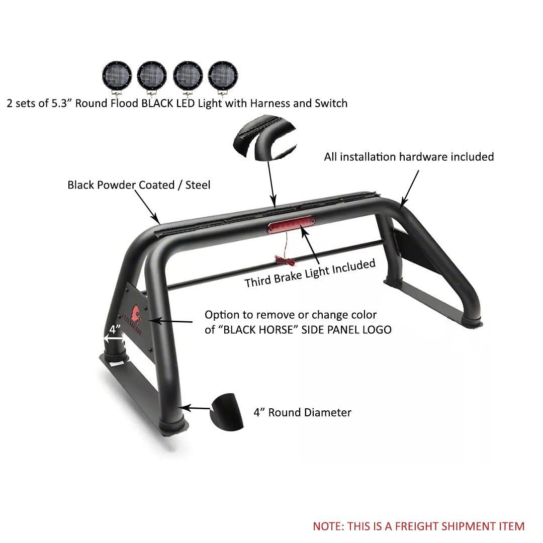 Classic Black Horse Roll Bar Incl. Set of 5.3" Dia.Led Lights w/Black Trim Rings Compatible with 19-24 Ram 1500 Excludes Classic models-RB002BK-PLFB