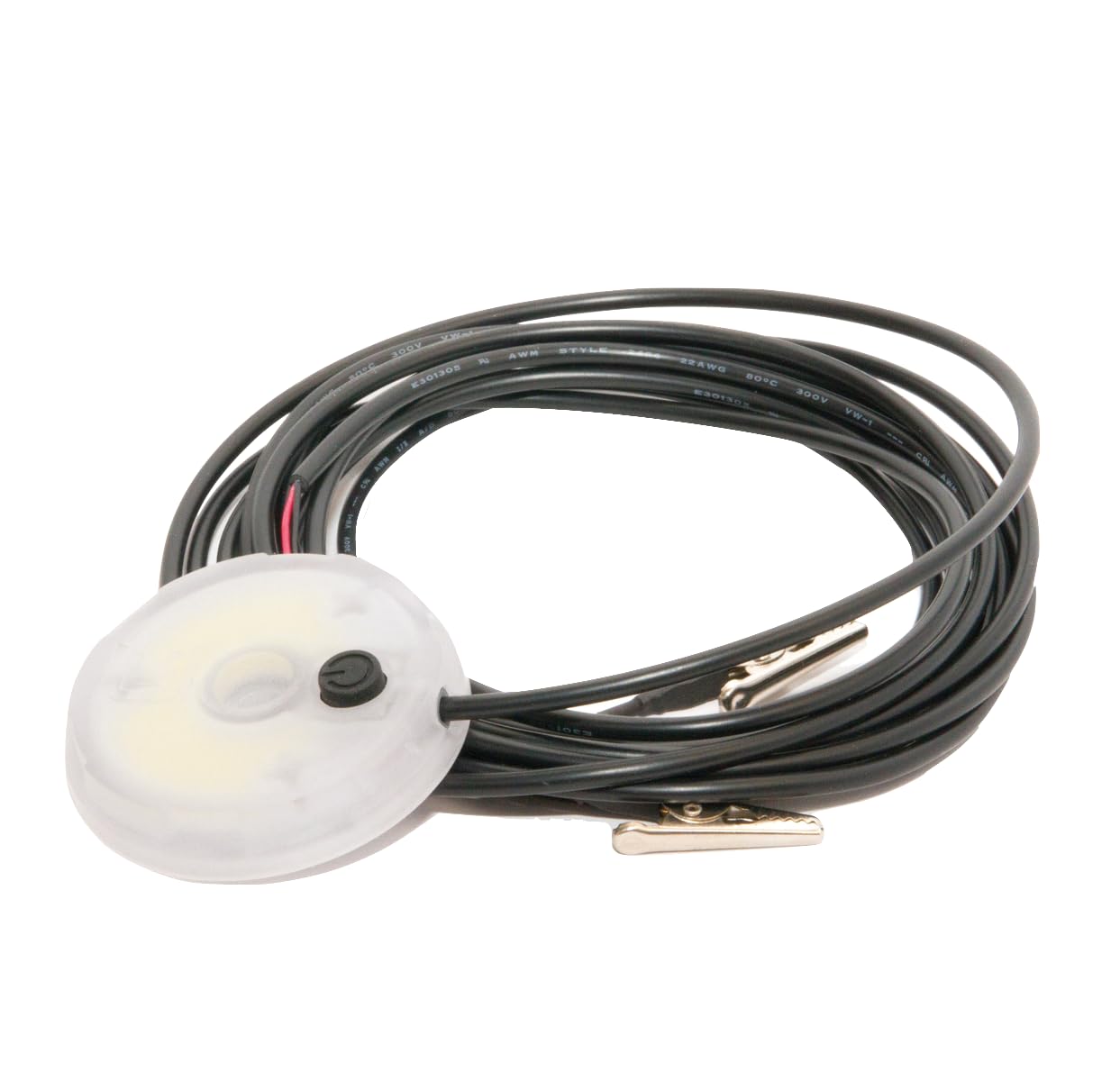 LED Hub Light CLAM – 300 Lumens, Ultra-Bright C.O.B. LED for Ice Fishing Shelters, Long-Lasting Battery, Easy Installation with Alligator Clips