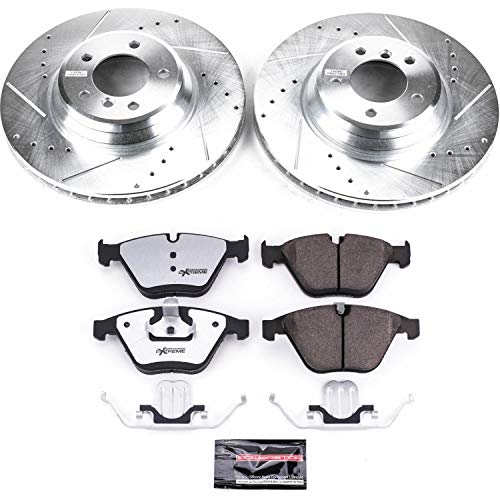 Power Stop K6055-26 Z26 Carbon Fiber Brake Pads Front with Drilled & Slotted Brake Rotors Kit and 1 Front Sensor Wire For BMW 3, BMW 335i, BMW 335i xDr, BMW 335is [Model Specific]