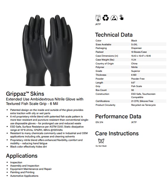 6 Mil PIP Grippaz Skins Disposable Gloves 50-Pack, Fish Scale Grip, Chemical & Oil Resistant, Black, Medium (67-246/M)
