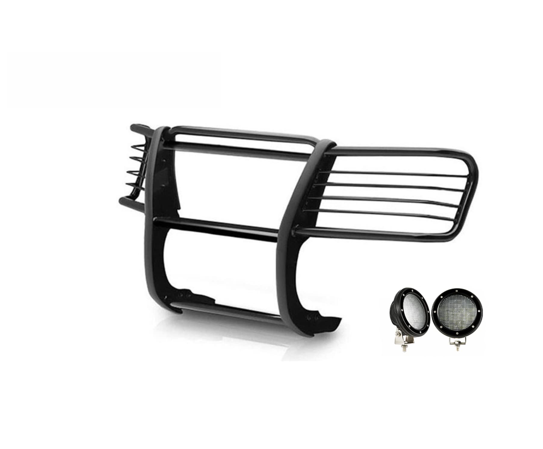 Bumper Guard Black Horse Grille Brush Modular Black Come with Pair of 5.3" LED Lights Compatible with 1999-2002 Silverado 1500|2000-2006 Suburban 1500/Tahoe/Yukon/Yukon XL 1500-17GT23MA-PLFB