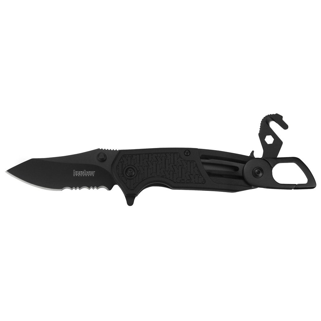 Funxion EMT Kershaw (8100); Multifunction Folding Pocketknife; 3 inch Partially Serrated Stainless Steel Blade; Carabiner Clip, Cord Cutter, Screwdriver Tip, Hex Wrench, Glassbreaker Tip , Black