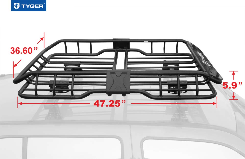 Heavy Duty Tyger Roof Mounted Cargo Basket Rack | L47.25 x W36.6 x H5.9 | Roof Top Luggage Carrier | with Wind Fairing