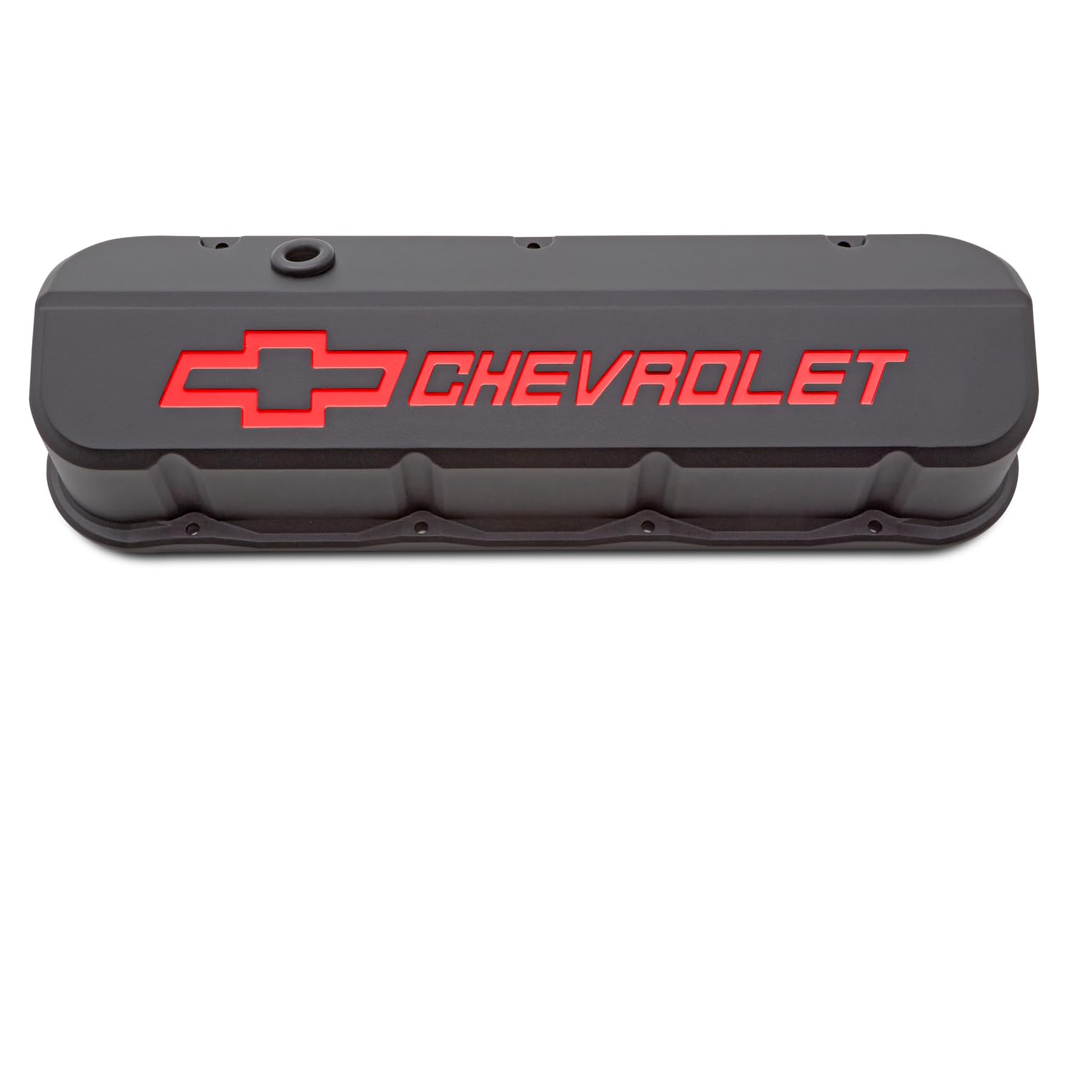 Proform Slant-Edge Valve Cover, Tall, Baffled, Breather Hole, Recessed Chevrolet Logo, Aluminum, Black Crinkle Powder Coat