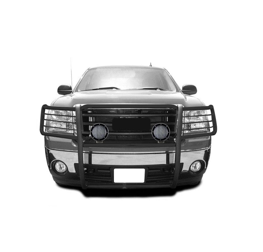 Grille Brush Black Horse Bumper Guard Modular Black Come with Pair of 5.3" Dia.LED Lights with Black Trim Rings Compatible with 2007-2013 GMC Sierra 1500-17GS10MA-PLFB