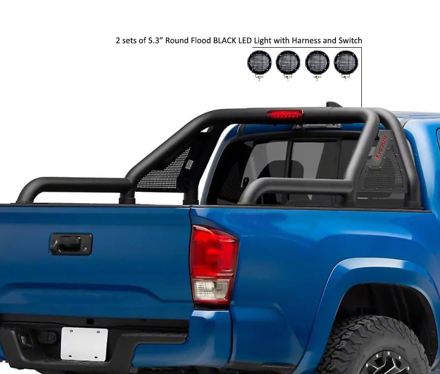Gladiator Roll Bar Black Incl. Set of 5.3" Dia.Led Lights w/Black Trim Rings Modular Black Compatible with 2019-2022 Ford Ranger-GLRB-07B-PLFB